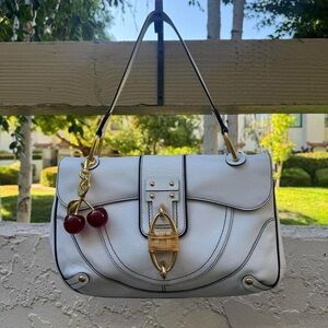 Vintage Salvatore Ferragamo Large Shoulder Bag with Bamboo Lock White & Gold
